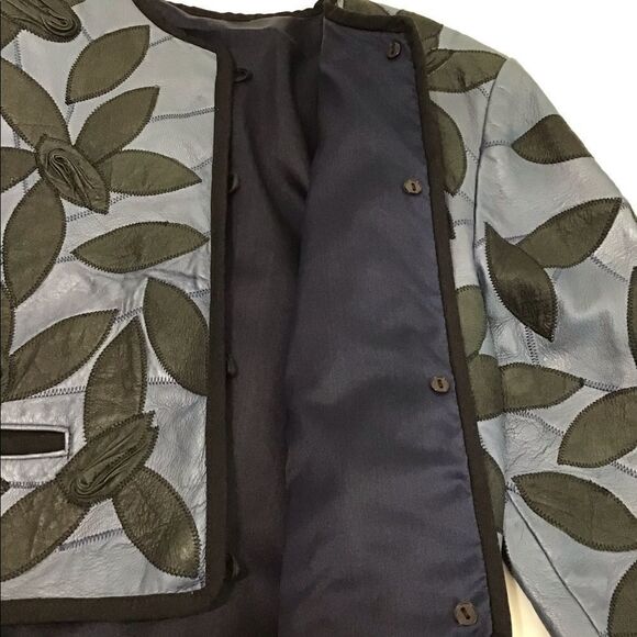 Leather Custom Made Crop Jacket Blue With Flower Petal Crew Neck Cropped Jacket - Picture 14 of 15